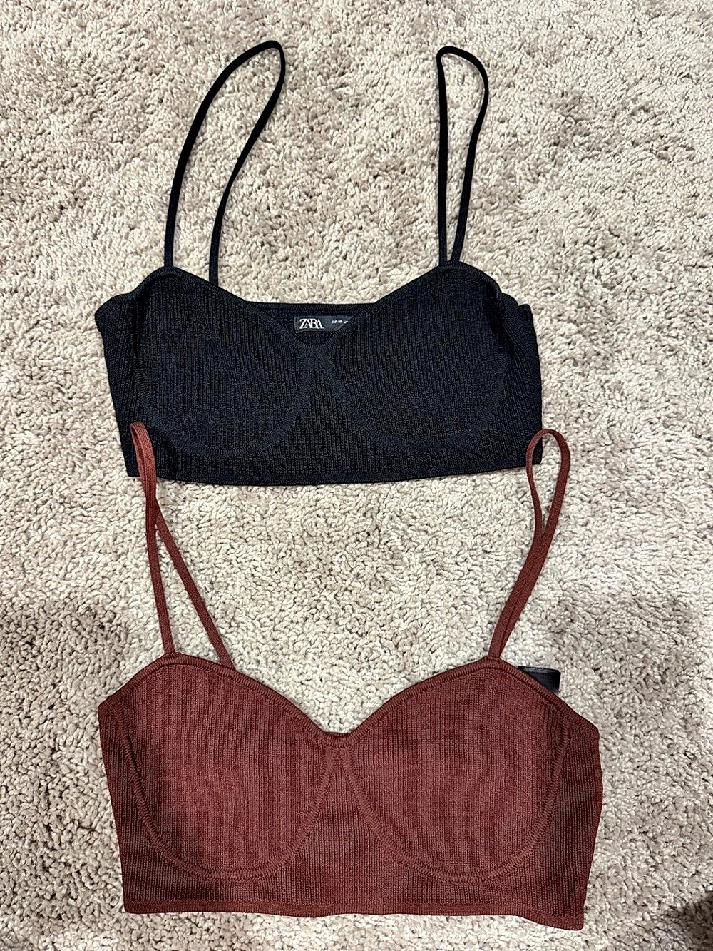 Zara Ribbed Crop Tops Set Black & Brown